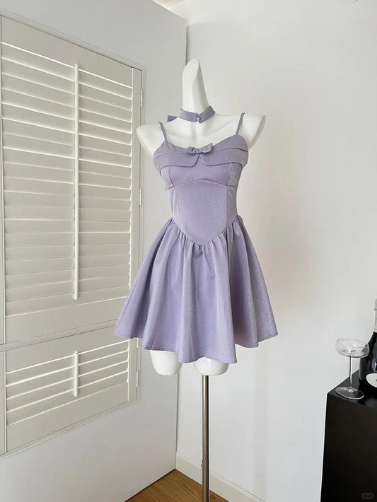 Süße Spaghettiträger Lila A-Linie Satin Kurzes Partykleid Homecoming Kleider RF0860