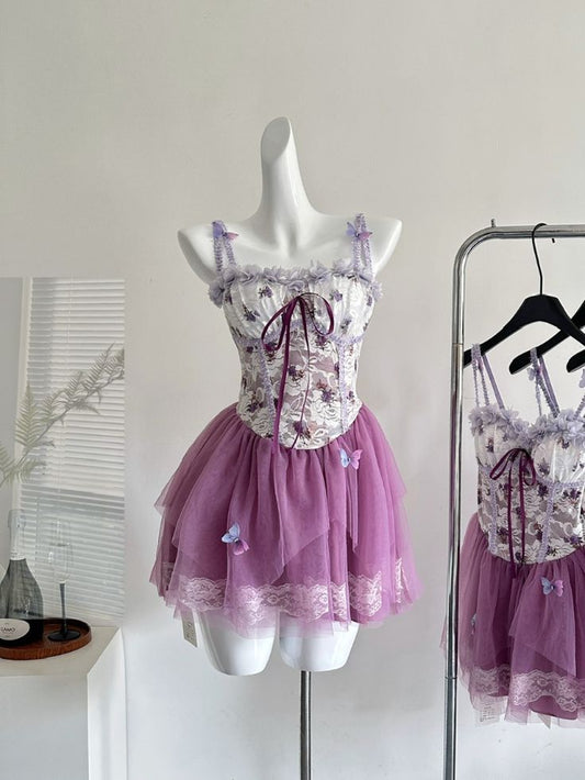 Süßes lila Spaghettiträger A-Linie Tüll Spitze Kurze Ballkleider Homecoming Kleider mit offenem Rücken RF0867