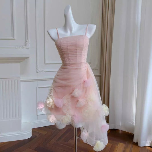 Herzausschnitt Rosa Spaghettiträger A-Linie Tüll Applikationen Kurzes Ballkleid Homecoming Kleid RF0870