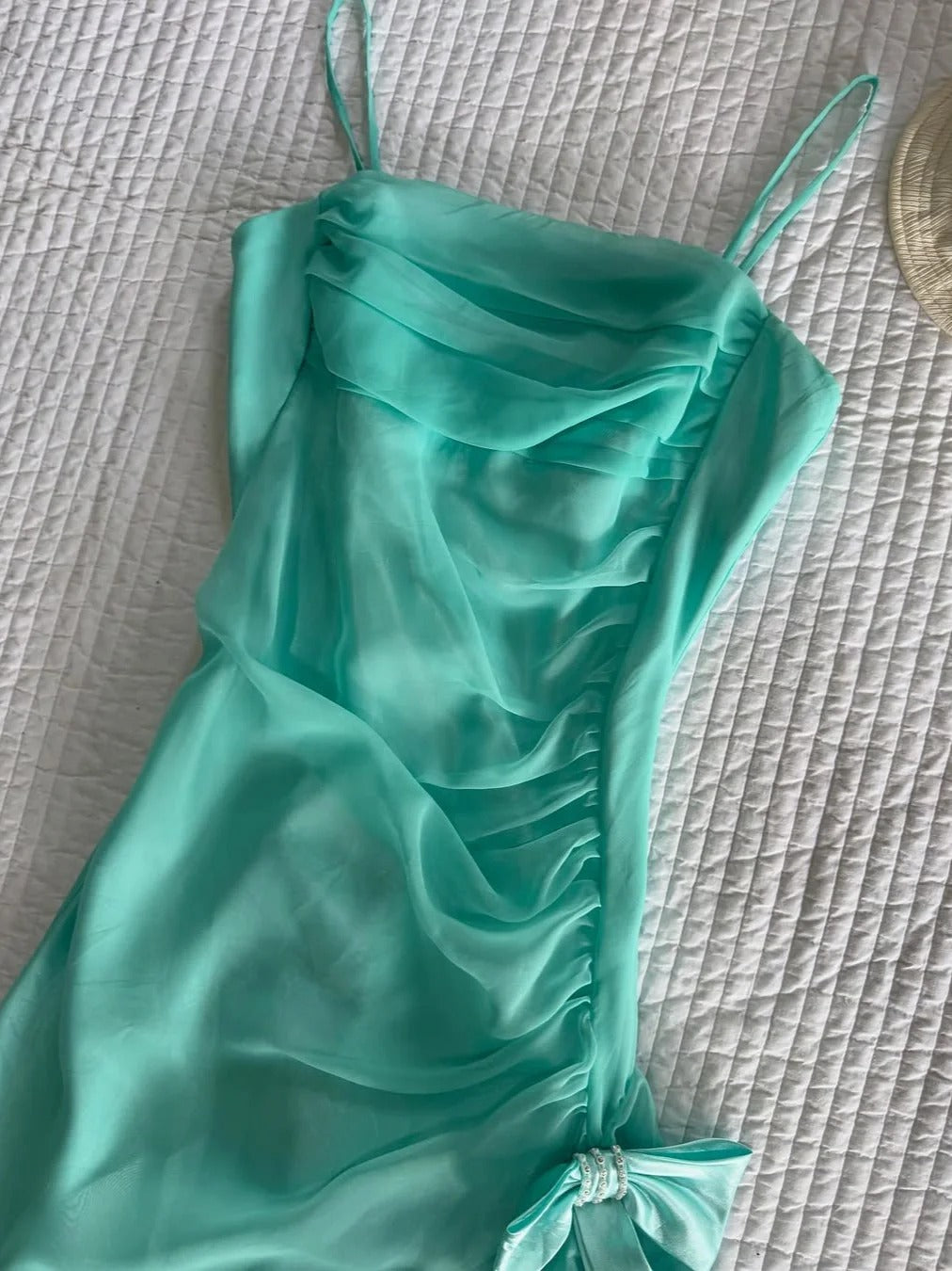 Atemberaubendes kurzes Partykleid aus Tüll in Tiffany-Blau mit Spaghettiträgern RF0871