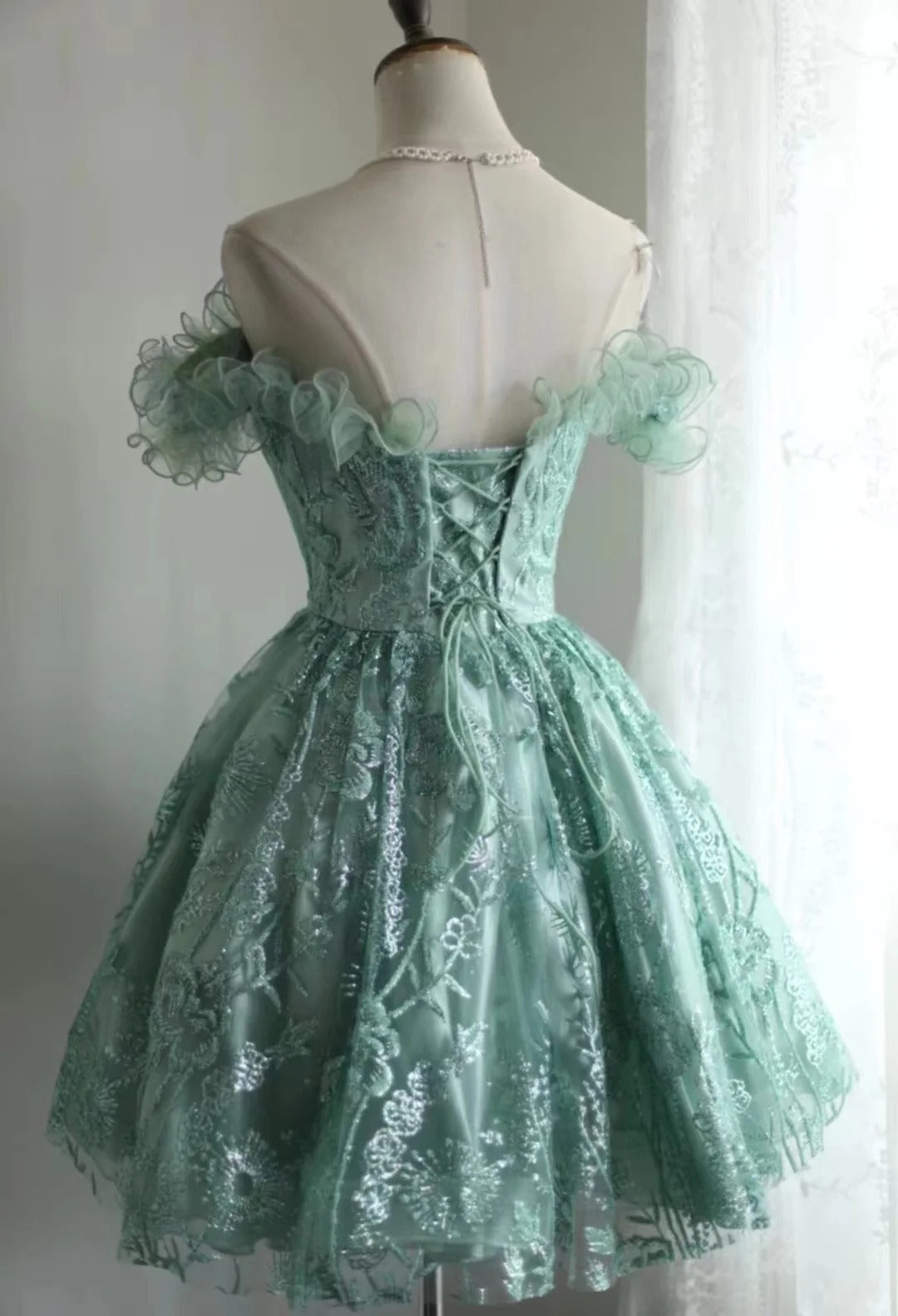 Gorgeous Green Off-the-Shoulder A-Line Tulle Beaded Short Prom Dresses Homecoming Dresses  RF0873