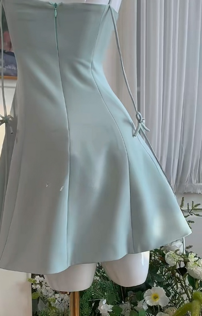 Atemberaubendes, tiffanyblaues A-Linien-Partykleid aus Satin mit Spaghettiträgern und Schleifen, RF0880