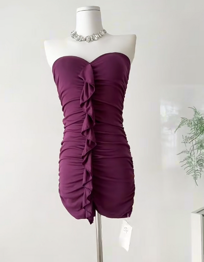 Sexy trägerloses, figurbetontes Satin-Partykleid in Traubenviolett RF0883