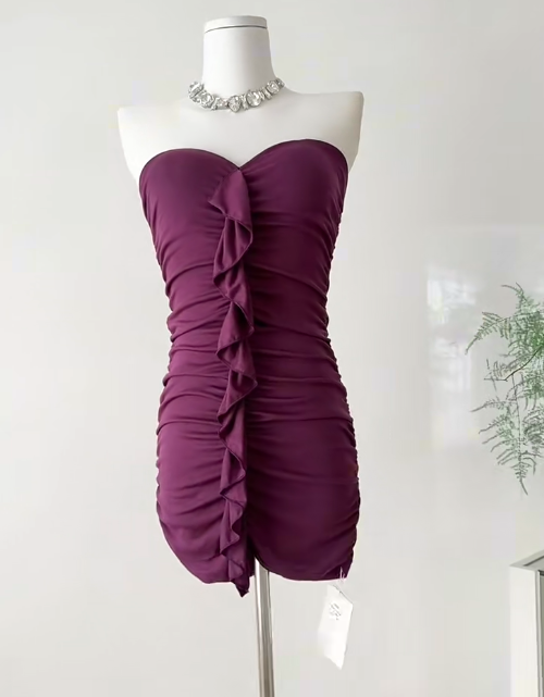 Sexy trägerloses, figurbetontes Satin-Partykleid in Traubenviolett RF0883
