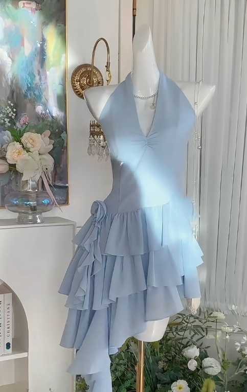 Mode Blau Halter Mantel Chiffon Kurze Party Kleider Süße 16 Geburtstag Kleid RF0886