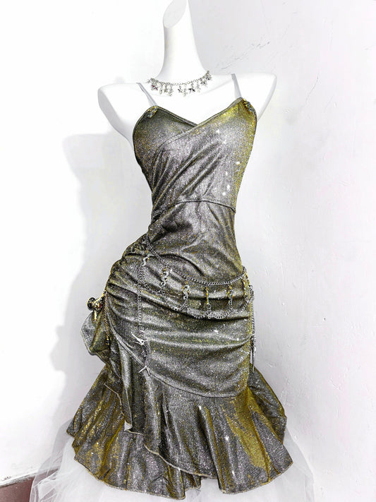 Wunderschönes olivgrünes Spaghettiträger-Etuikleid, kurzes Partykleid RF0889