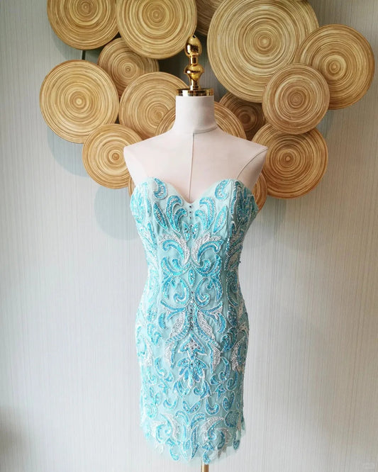 Vintage Blau Trägerloses Etuikleid Perlen Kurzes Ballkleid RF0890