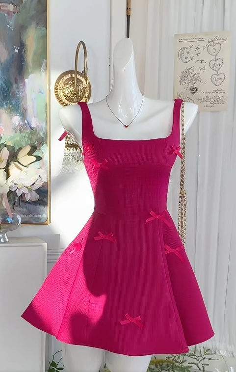 Süßes Square Neck Dark Pink A-Linie Kurzes Ballkleid Geburtstagspartykleid RF0903