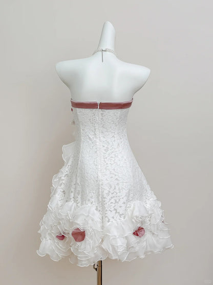 Robe de bal courte en tulle et dentelle blanche, sans bretelles, coupe trapèze, pour fête d'anniversaire, RF0902
