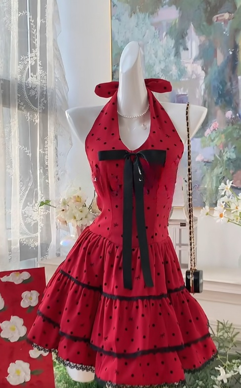 Robe de soirée courte rouge élégante à pois et dos nu, coupe trapèze, RF0904