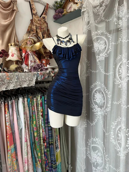 Robe de soirée courte moulante en satin bleu marine vintage à bretelles spaghetti RF0908