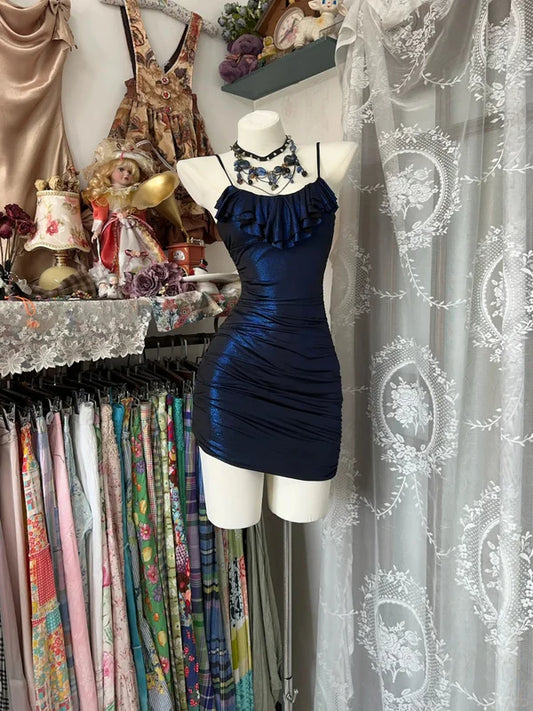 Vintage Marineblau Spaghettiträger Bodycon Satin Kurze Abendkleider RF0908