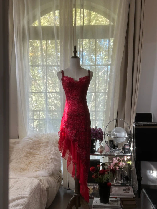 Elegante rote Spaghettiträger Etuikleid Spitze Chiffon kurze Ballkleider Vintage Abendkleider RF0909
