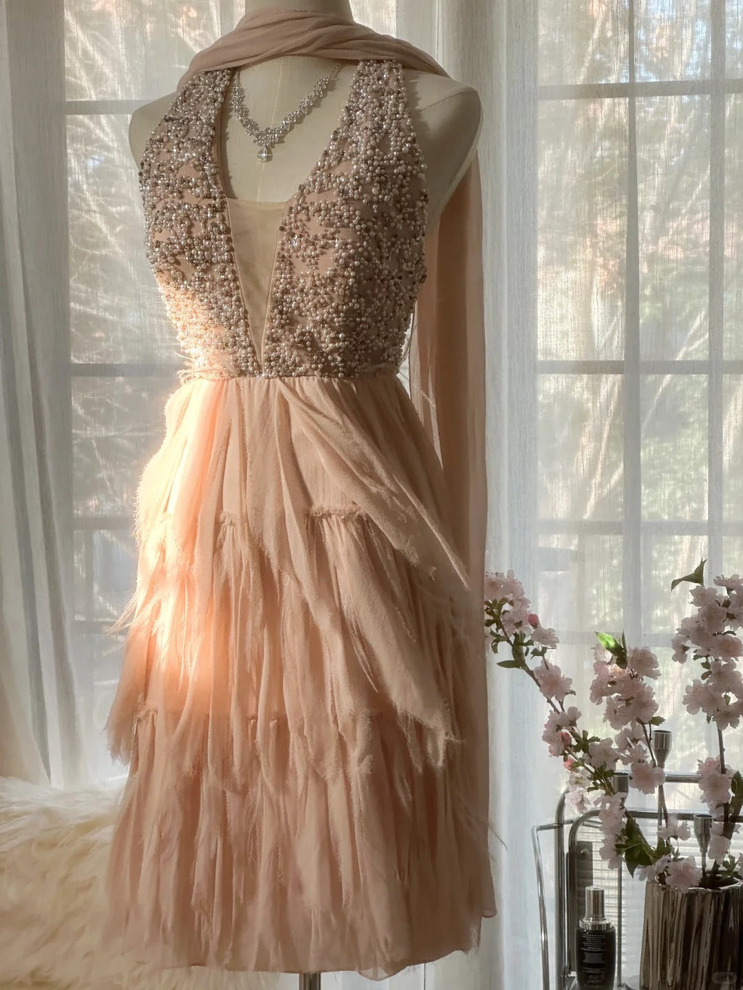 Superbe robe de bal courte en mousseline de soie à col en V et perles, tenue de soirée pour les 16 ans, RF0910