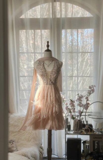 Superbe robe de bal courte en mousseline de soie à col en V et perles, tenue de soirée pour les 16 ans, RF0910