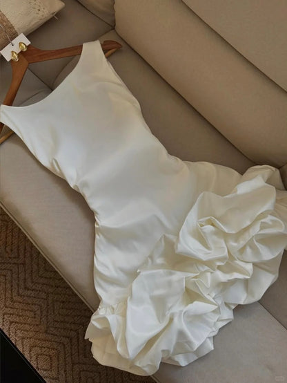 Elegantes weißes kurzes Partykleid aus Satin mit U-Boot-Ausschnitt in A-Linie RF0916