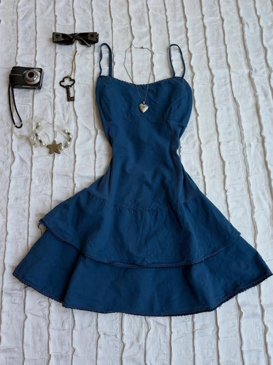 Modische Spaghettiträger Blau A-Linie Mini Outdoor Partykleider RF0918