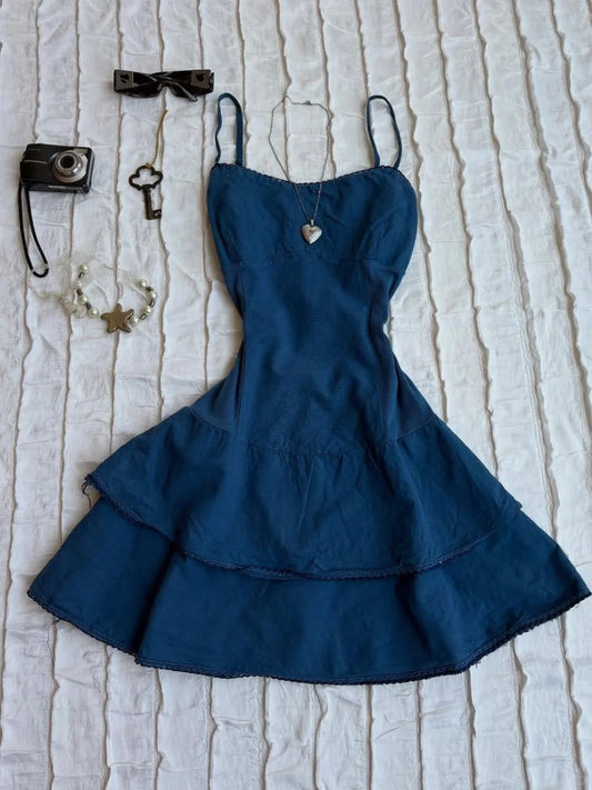 Modische Spaghettiträger Blau A-Linie Mini Outdoor Partykleider RF0918