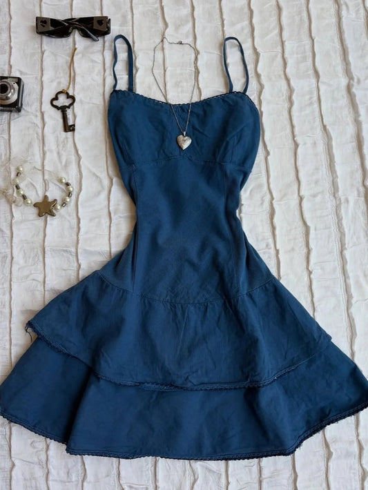 Modische Spaghettiträger Blau A-Linie Mini Outdoor Partykleider RF0918
