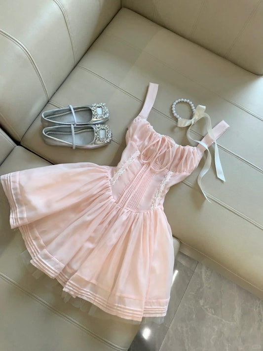 Wunderschönes rosa A-Linien-Kurzkleid aus Tüll mit quadratischem Ausschnitt RF0922