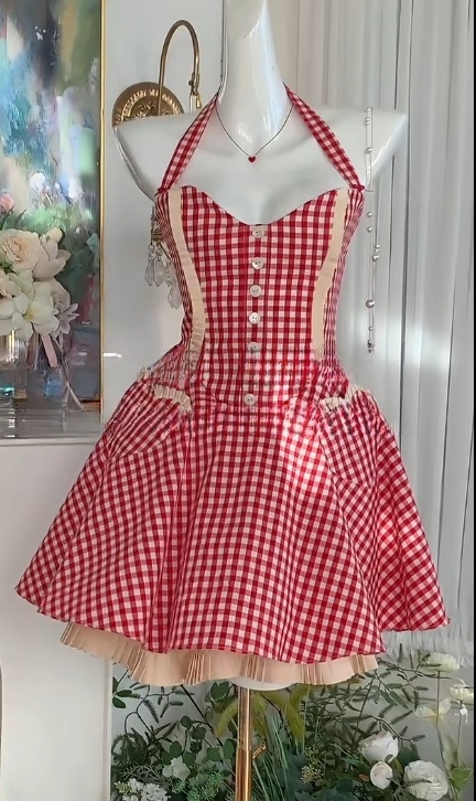 Mode Neckholder Rot Plaid Süße Party Outfit RF0926