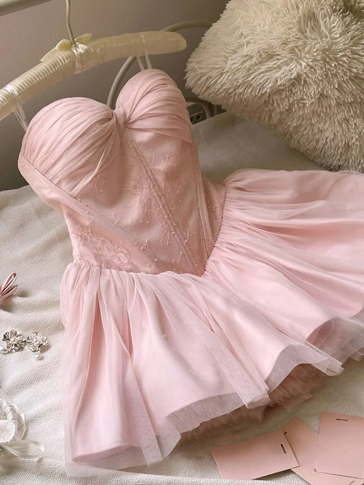 Superbe robe de soirée courte rose en tulle et dentelle, décolleté en cœur, pour anniversaire et remise de diplôme, RF0930