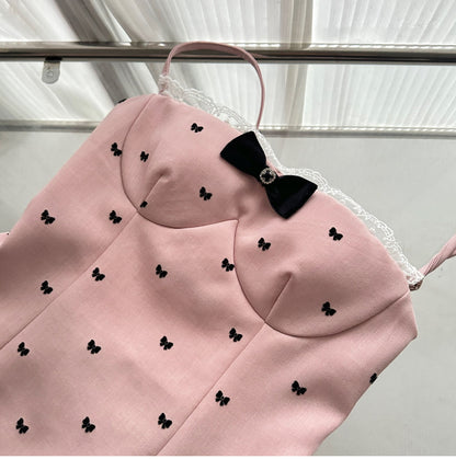 Superbe robe de soirée courte rose à bretelles spaghetti et nœud, coupe trapèze, jolie robe de soirée RF0935