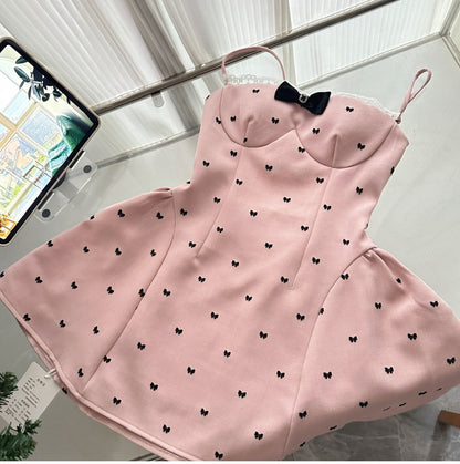 Superbe robe de soirée courte rose à bretelles spaghetti et nœud, coupe trapèze, jolie robe de soirée RF0935