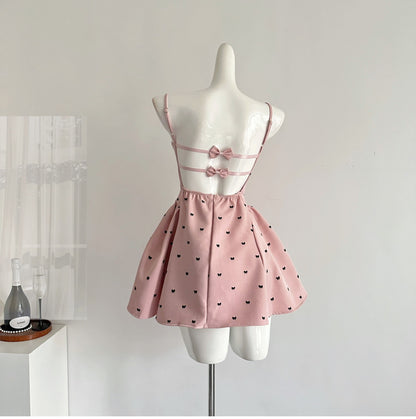 Superbe robe de soirée courte rose à bretelles spaghetti et nœud, coupe trapèze, jolie robe de soirée RF0935