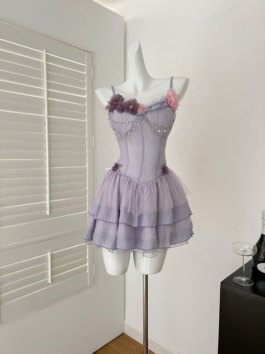 Süßes Lila Spaghettiträger A-Linie Chiffon Applique Kurzes Homecoming-Kleid Geburtstagspartykleid RF0944