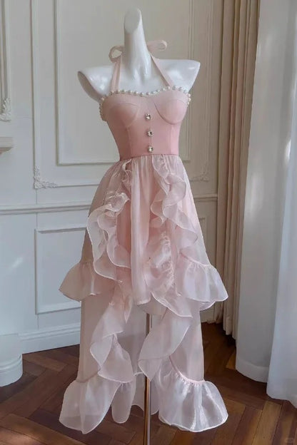 Süßes rosa Neckholder Hi-Lo Tüll Geburtstags-Ballkleid Mode Homecoming Kleid RF0954