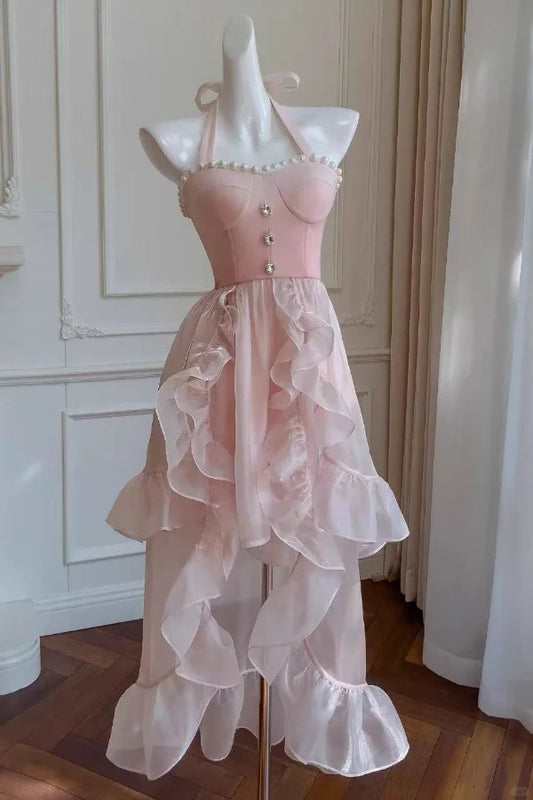 Süßes rosa Neckholder Hi-Lo Tüll Geburtstags-Ballkleid Mode Homecoming Kleid RF0954