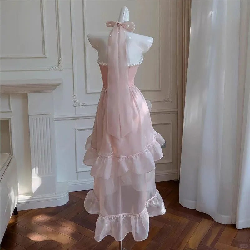 Süßes rosa Neckholder Hi-Lo Tüll Geburtstags-Ballkleid Mode Homecoming Kleid RF0954