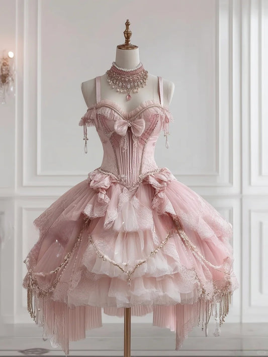 Superbe robe Lolita courte rose à bretelles spaghetti en tulle et dentelle, robe Sweet 16, RF0956