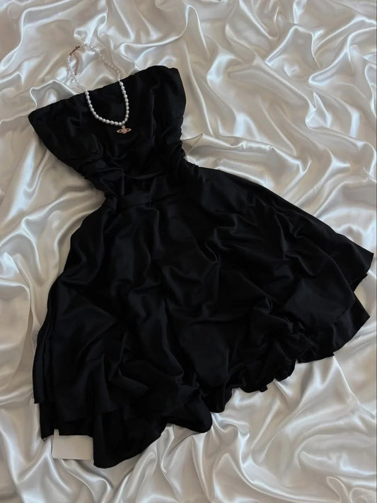 Glamouröses trägerloses schwarzes kurzes A-Linien-Abendkleid Partykleid RF0958