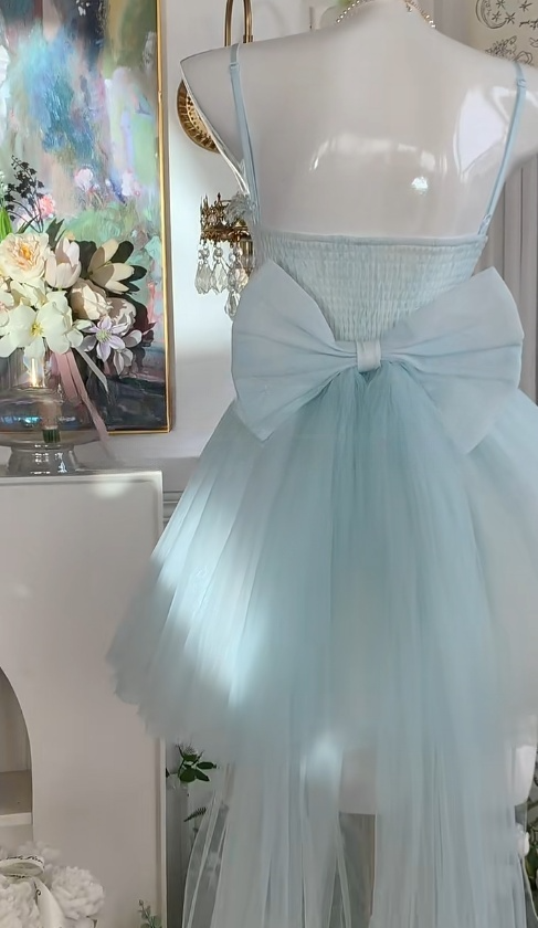 Märchenhaftes blaues Spaghettiträger-A-Linien-Tüll-Kurzabendkleid mit Applikationen Süßes Homecoming-Kleid RF0962