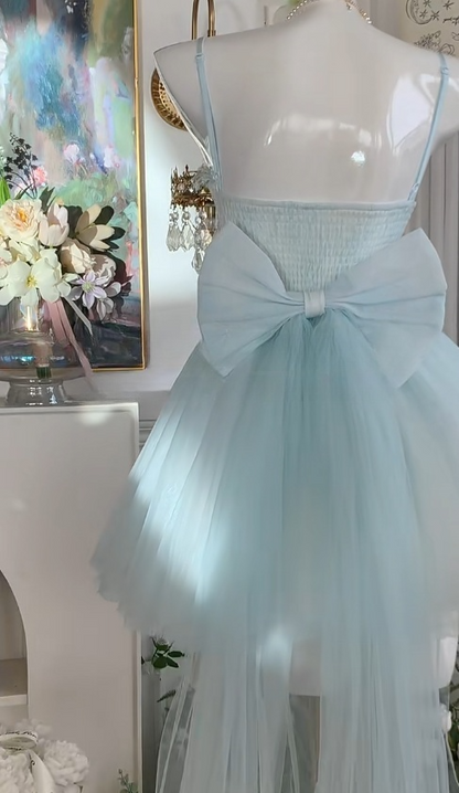 Märchenhaftes blaues Spaghettiträger-A-Linien-Tüll-Kurzabendkleid mit Applikationen Süßes Homecoming-Kleid RF0962