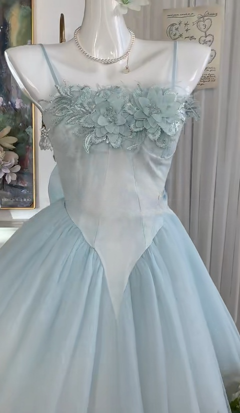 Märchenhaftes blaues Spaghettiträger-A-Linien-Tüll-Kurzabendkleid mit Applikationen Süßes Homecoming-Kleid RF0962