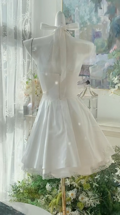 Robe de soirée courte en satin blanc simple à col licou, coupe trapèze, RF0963
