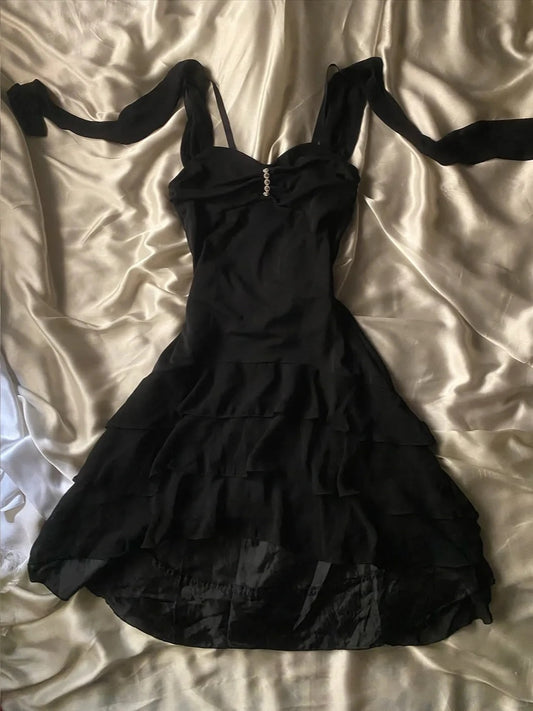 Vintage Schwarze Spaghettiträger A-Linie Chiffon Kurzes Geburtstags-Abendkleid Fashion Party-Outfit RF0966