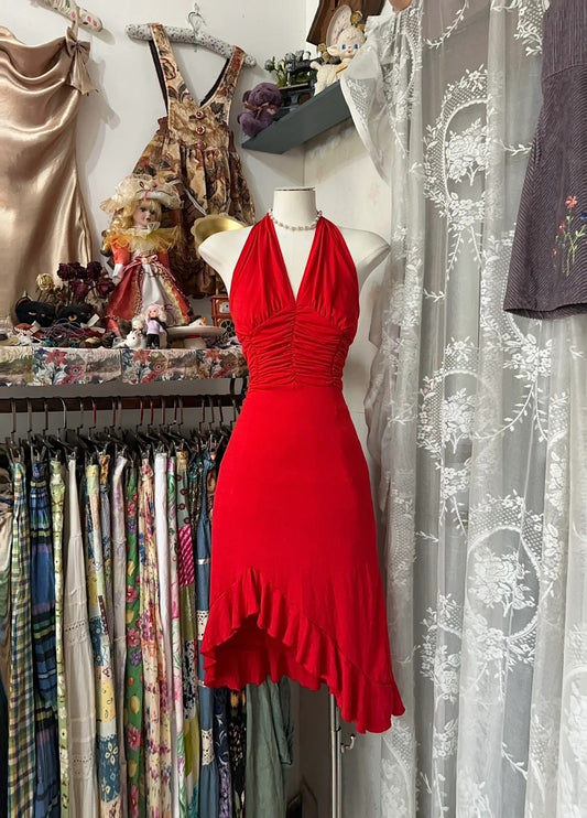Glamouröses rotes Neckholder-Etuikleid aus Satin, kurz, RF0967