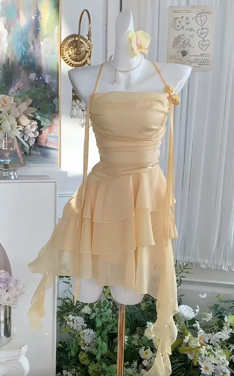 Süßes gelbes Spaghettiträger A-Linie Chiffon rückenfreies kurzes Partykleid RF0977
