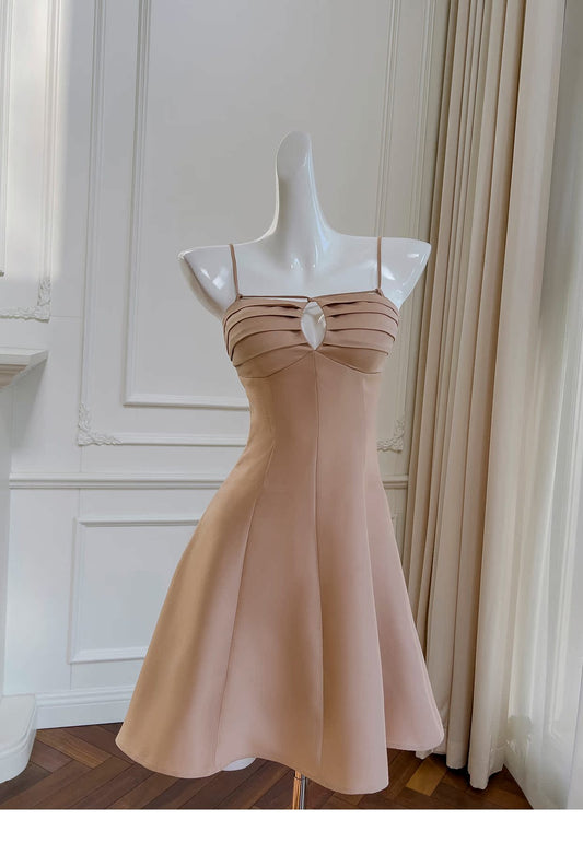 Vintage A-Linie Spaghettiträger Satin Kurzes Homecoming Kleid, Hellbraun Sexy Geburtstagskleid RF0981