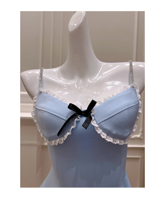 Süßes blaues A-Linie Satin Spaghettiträger Kurzes Homecoming-Kleid, lässiges Abendkleid mit Spitze RF0983