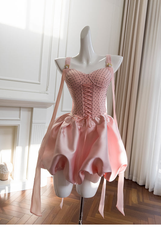Atemberaubendes rosa Satin Spaghettiträger Korsett Kurzes Partykleid Sweet 16 Kleid RF0984