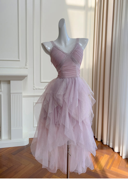 Süßes Hellviolettes V-Ausschnitt Spitzentüll Kurzes Ballkleid Funkelndes Geburtstagskleid RF0987