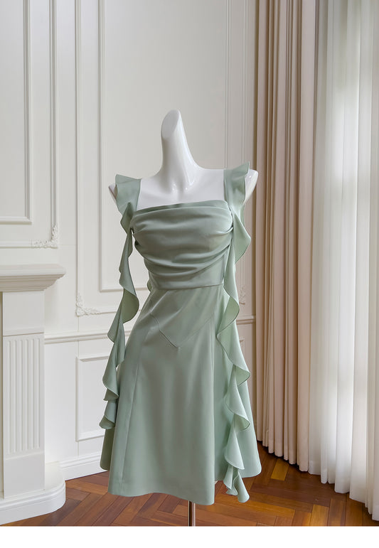 Schickes, mintgrünes Etuikleid mit quadratischem Ausschnitt und Satin-Kurzpartykleid, einfaches Homecoming-Kleid mit Schleife, RF0988