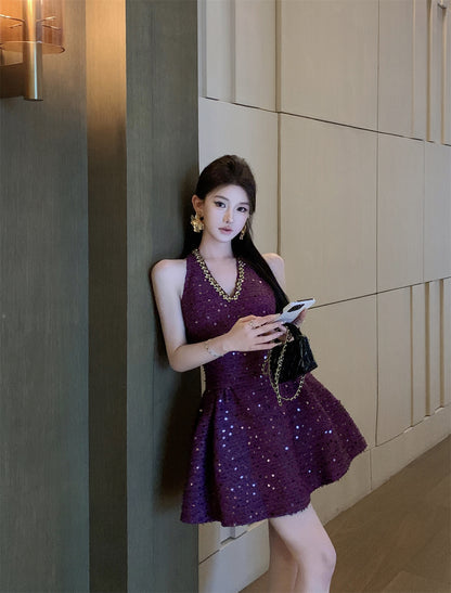 Elegant Purple Halter Neck A-Line Sequin Short Cocktail Party Dress RF0997