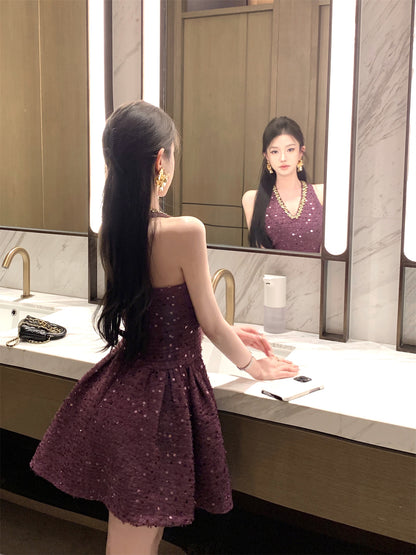 Elegant Purple Halter Neck A-Line Sequin Short Cocktail Party Dress RF0997