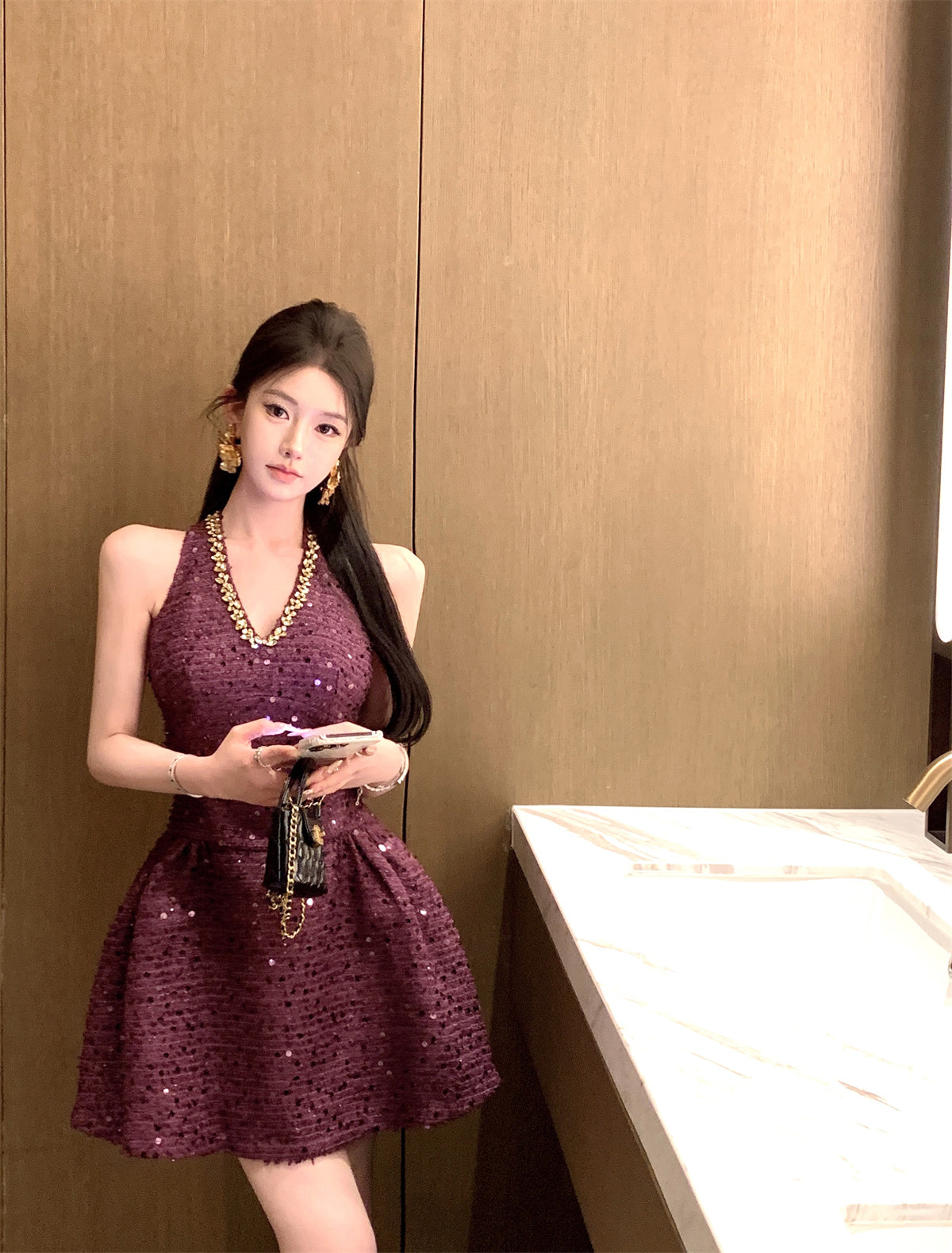 Elegant Purple Halter Neck A-Line Sequin Short Cocktail Party Dress RF0997